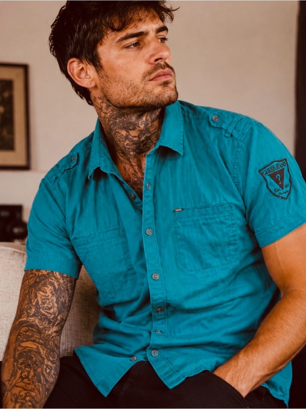 Guess Jeans Vintage Short-Sleeve Teal Utility Shirt - Men’s Size L